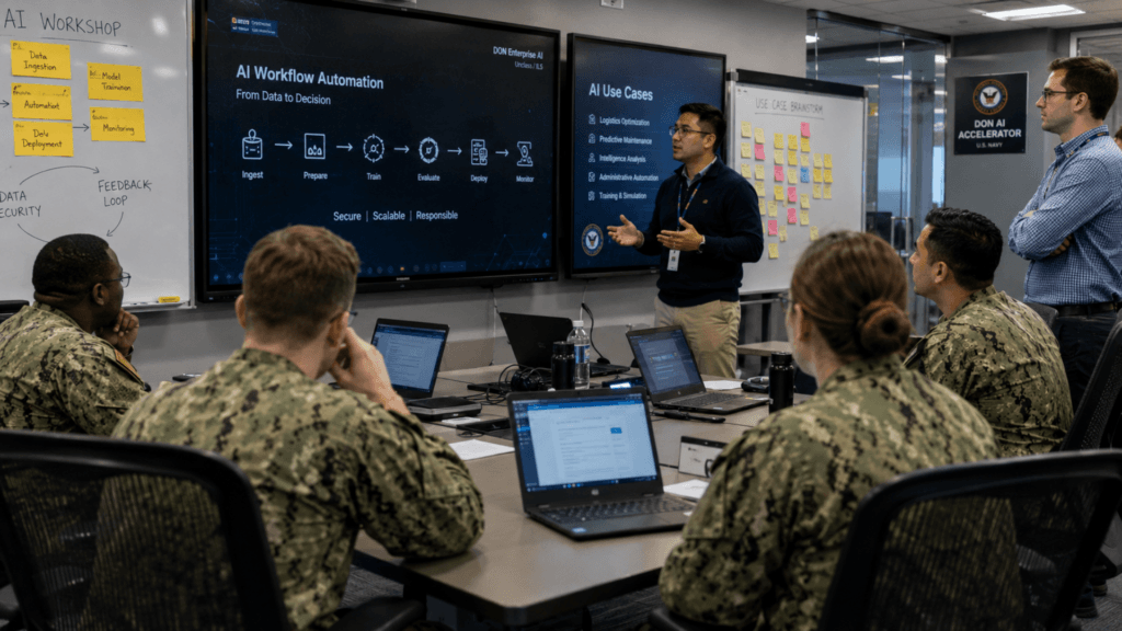 A presenter leading an AI workflow workshop for military personnel in a conference room.