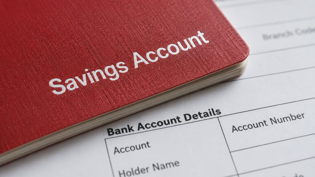 Red savings account passbook resting on top of a bank account form.