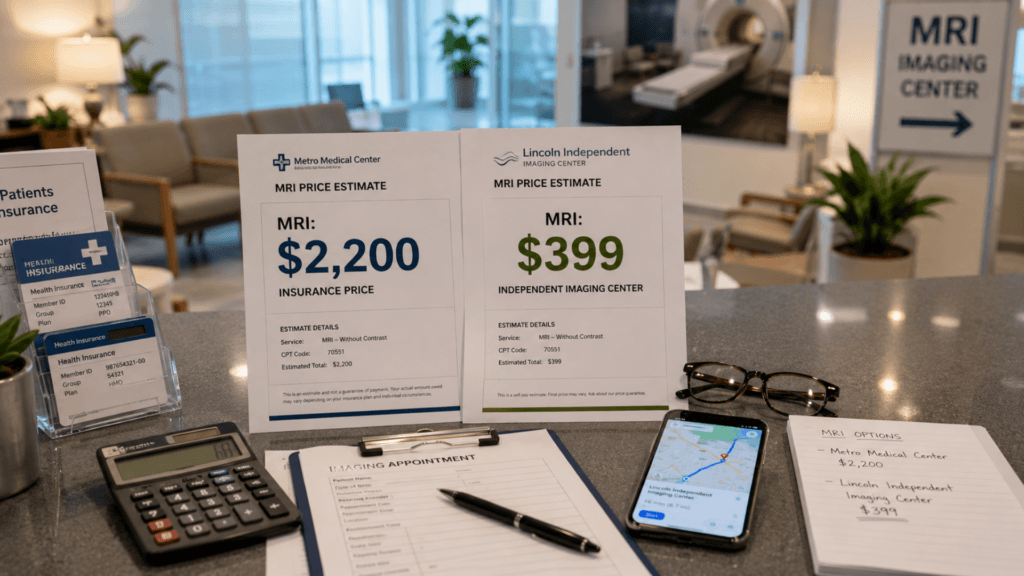Two price estimate sheets for an MRI scan sitting on a desk alongside a calculator and smartphone.