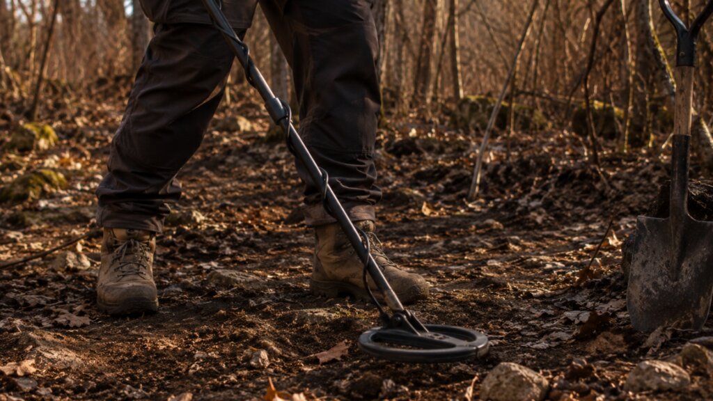 A person sweeps a metal detector over disturbed soil on a wooded forest floor.
