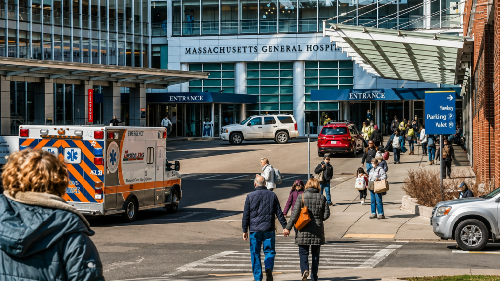 Pedestrians and vehicles outside the main entrance of Massachusetts General Hospital.
