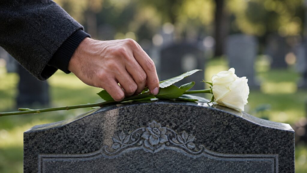 A close-up of a person placing a white rose on a polished gravestone in a quiet cemetery, suggesting remembrance, mourning, and paying respects.
