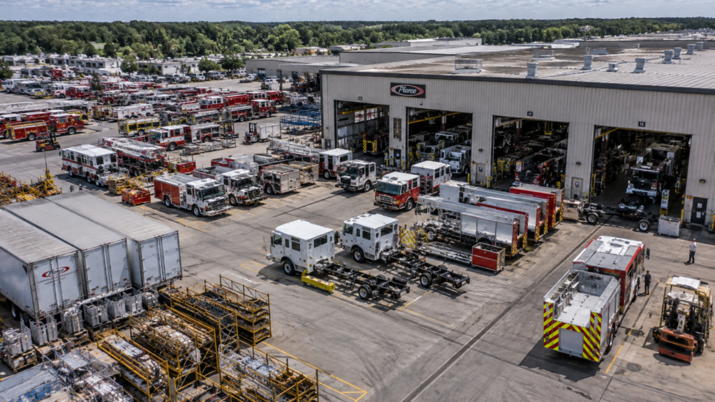 Aerial view of numerous fire trucks parked outside a Pierce manufacturing facility.