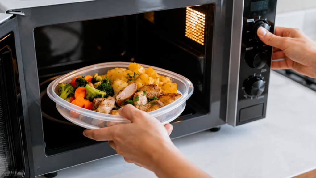 Hands placing a plastic container of chicken, broccoli, and potatoes into a microwave.