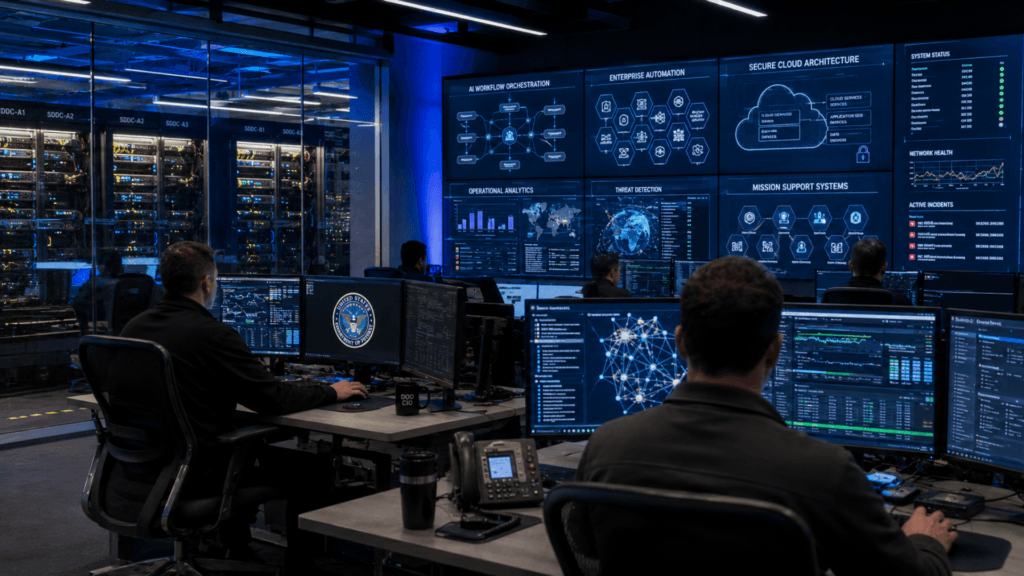 Personnel working at computer stations in a high-tech cybersecurity operations center.