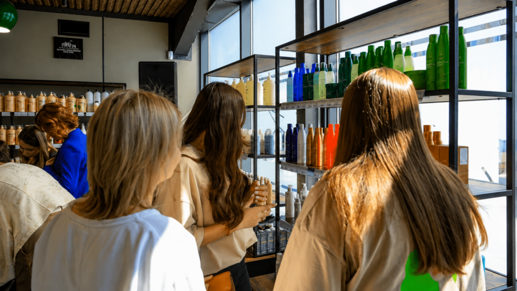 Shoppers browsing hair care products on display shelves in a store.