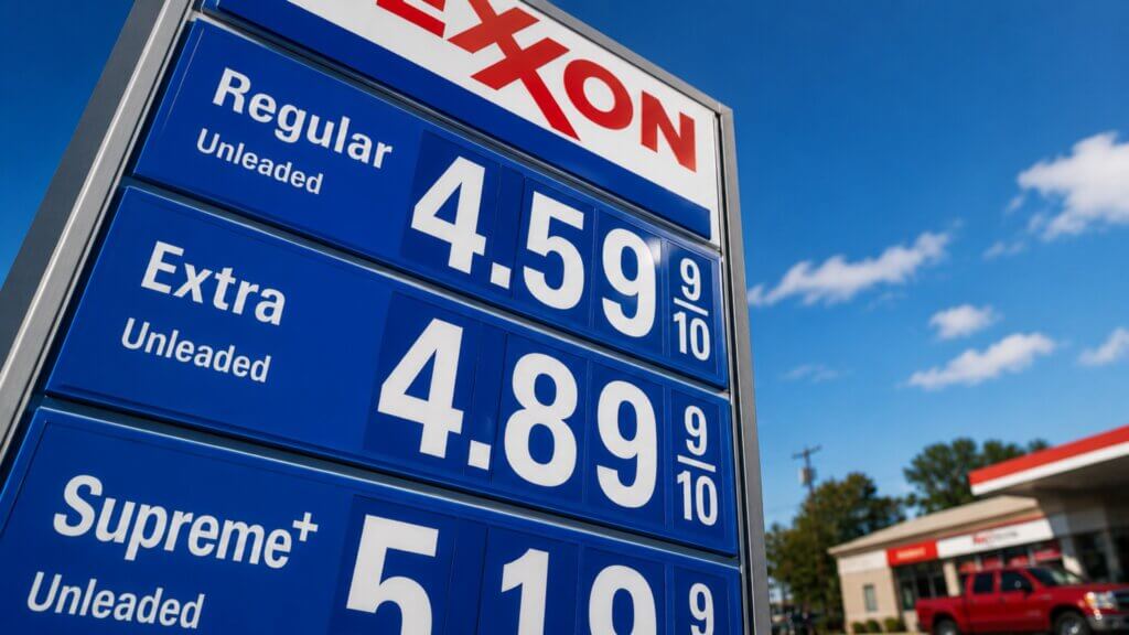 Fuel price sign outside a gas station displaying prices for regular, extra, and supreme unleaded gasoline.