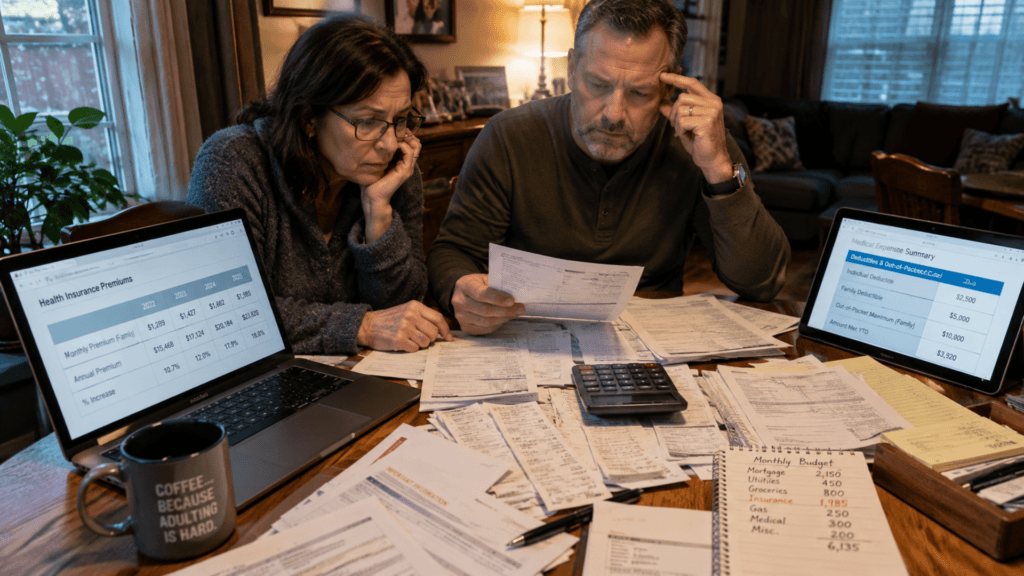 A middle-aged couple sitting at a table surrounded by medical bills and spreadsheets reviewing financial costs.