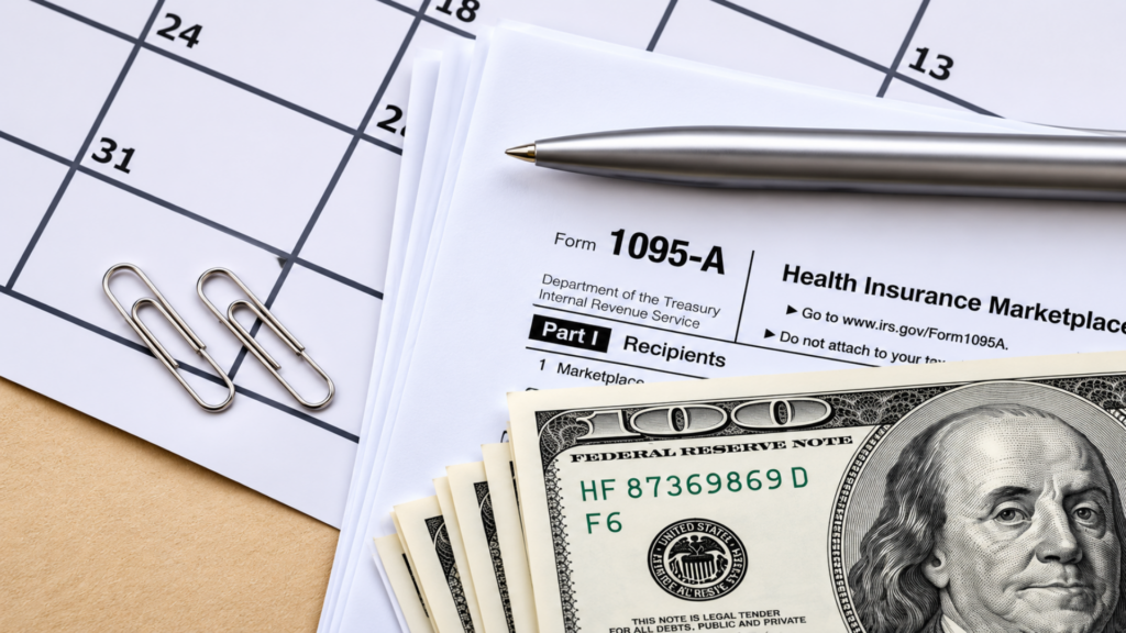 IRS Form 1095-A alongside a pen, paper clips, calendar, and a stack of hundred-dollar bills.