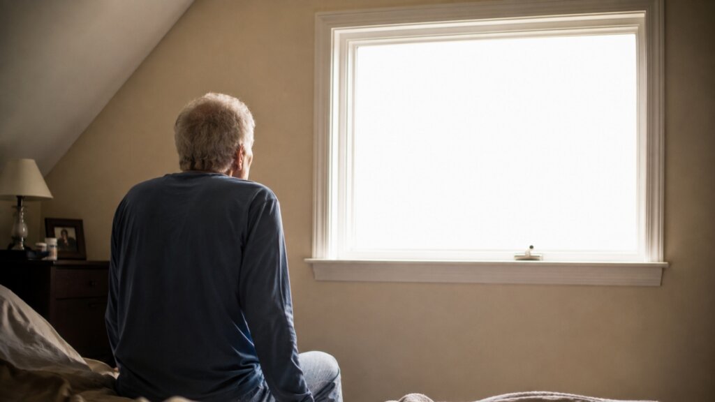 An older man sits alone on the edge of a bed, facing a bright window. His posture and isolation convey loneliness, grief, reflection, or emotional withdrawal.