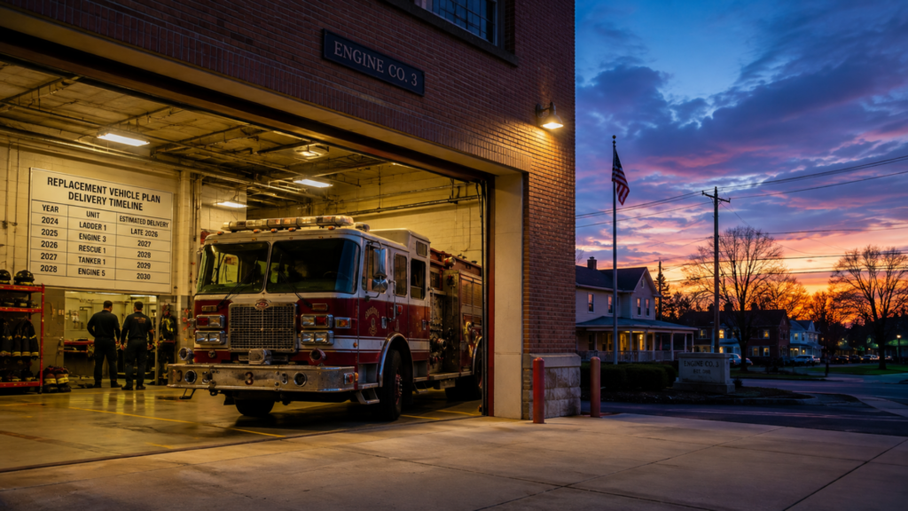 A fire engine parked inside an open station bay under a colorful sunset sky.