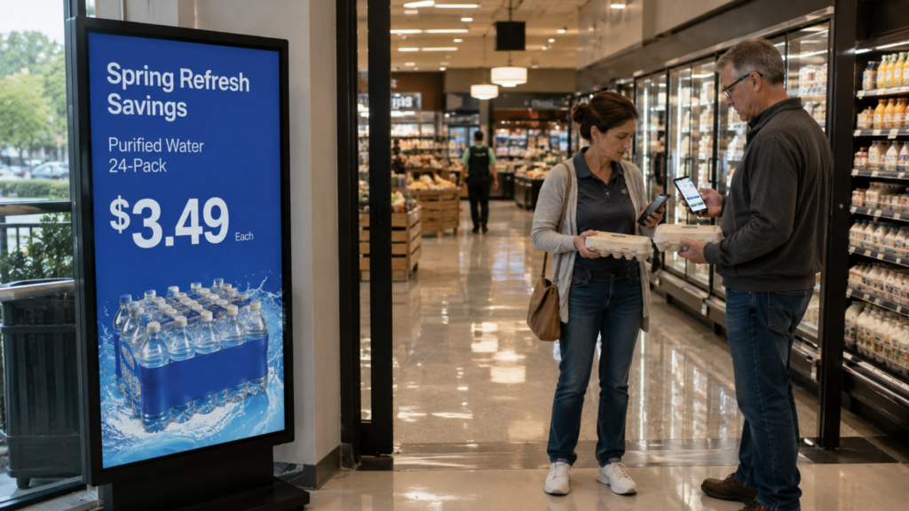 Two shoppers holding smartphones and egg cartons in a grocery aisle near a digital promotion sign.