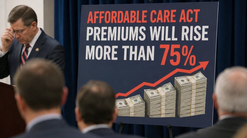A speaker stands beside a large presentation board that reads "AFFORDABLE CARE ACT PREMIUMS WILL RISE MORE THAN 75%" with an upward red arrow and stacks of cash increasing in height.