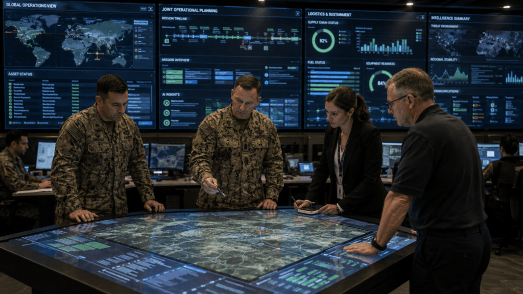 Military personnel and civilians reviewing strategic maps on a digital touch table in a command center.