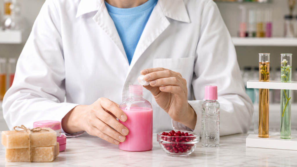 Chemist in a white lab coat formulating pink liquid cosmetic product at a table.