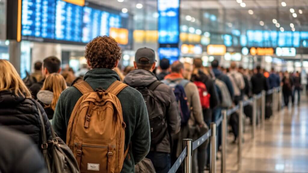 Travelers standing in a long queue at an airport terminal with backpacks and luggage.