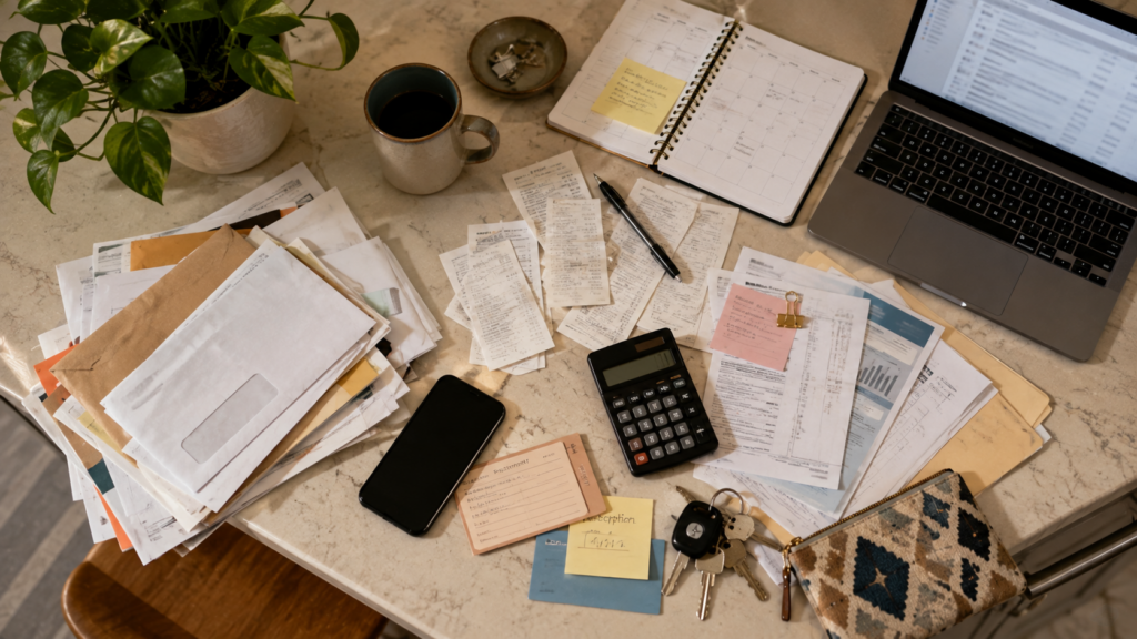 Overhead view of accumulated bills, receipts, mail, calendar, laptop and everyday paperwork.