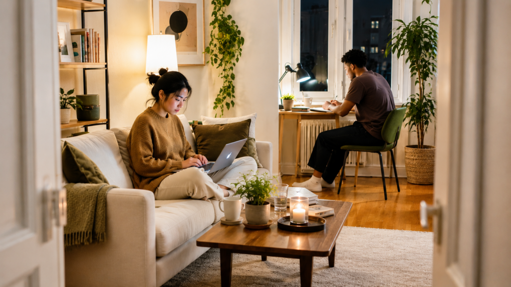 Two young adults quietly tackle separate personal tasks while sharing a cozy living room.