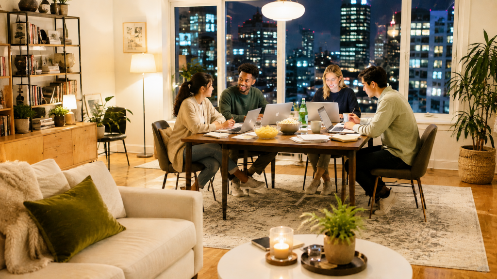 Friends gather with laptops, notebooks and snacks for a productive admin night overlooking a brightly illuminated city skyline.