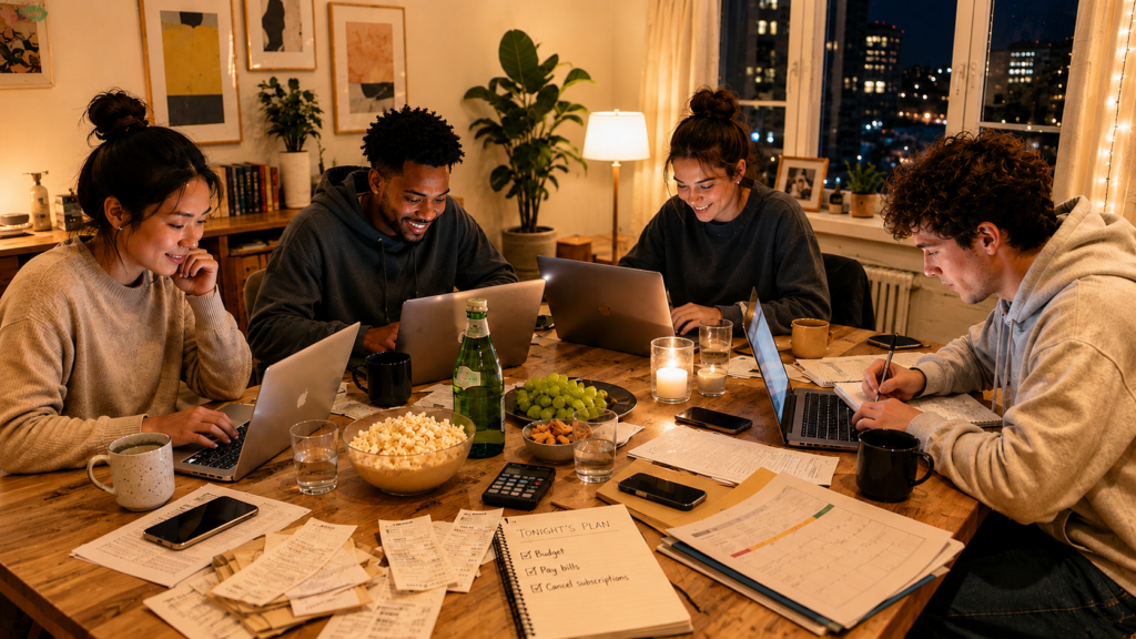 Friends tackle bills, paperwork and personal tasks together over laptops, snacks and drinks during a relaxed evening admin session.
