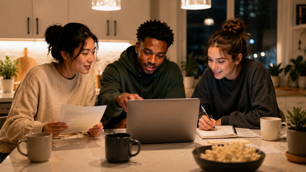 Three young adult friends share practical knowledge around a laptop during a collaborative, relaxed evening admin session at home.