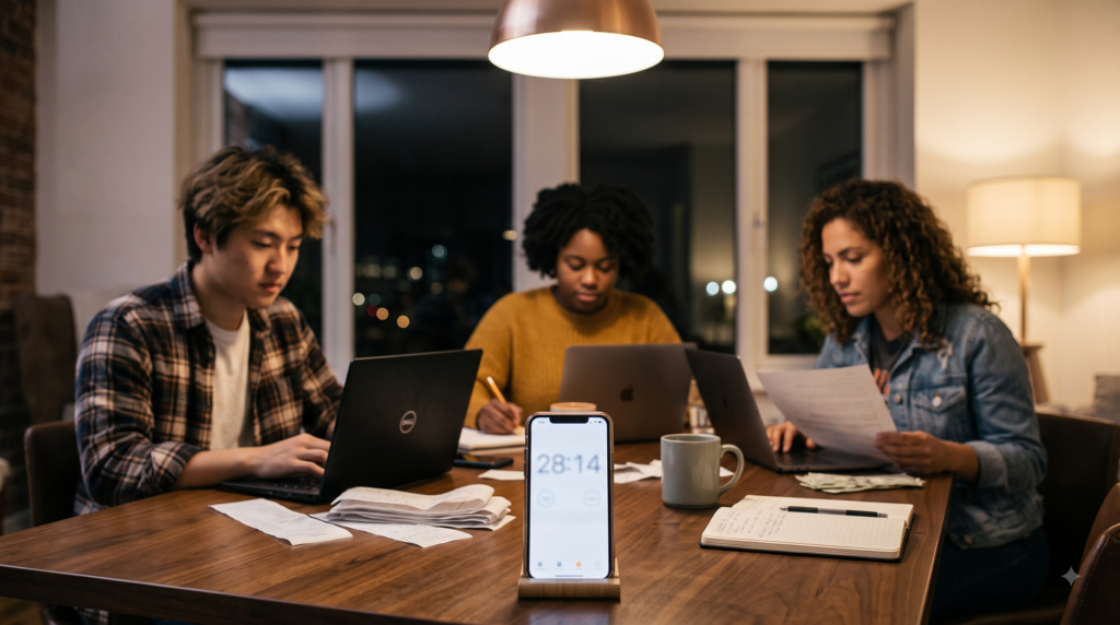 A smartphone timer stands in the foreground on a table, with three young adults focused on laptops and paperwork softly blurred behind it.
