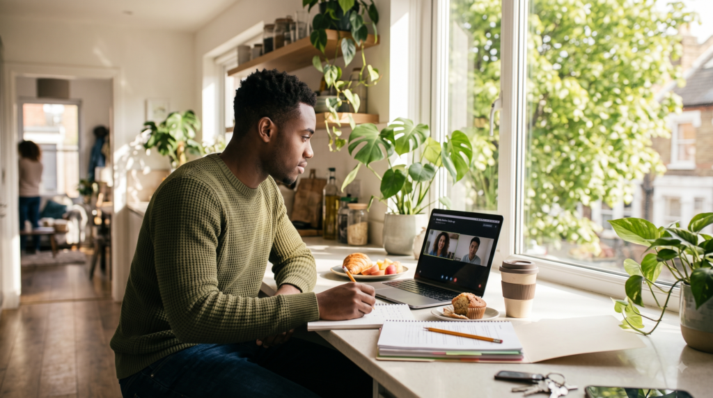 A young man in a green knit sweater sits at a sunlit kitchen counter, writing in a notebook while on a video call.