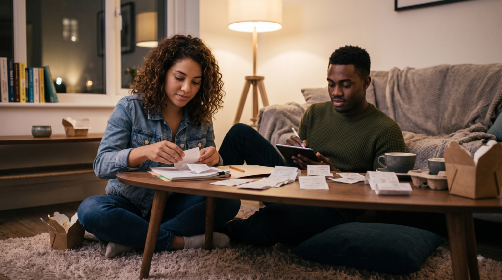 Two close friends sit comfortably on a rug around a low coffee table, calmly sorting receipts and checking a tablet.