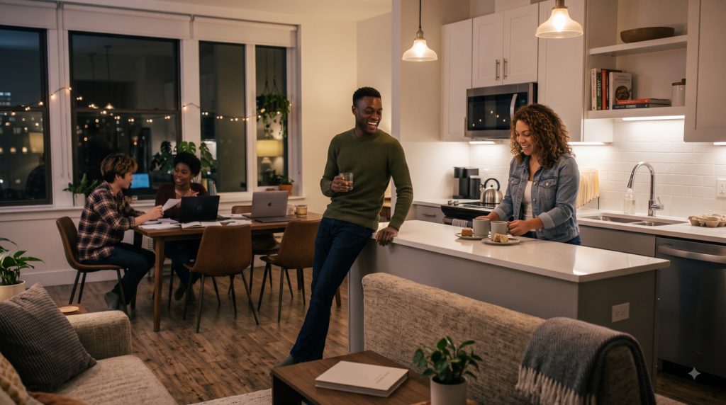 Friends unwind in a brightly lit apartment as some chat by the kitchen island and others wrap up work.