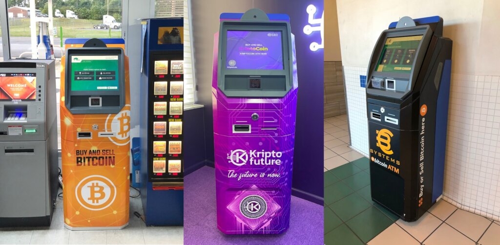 Three cryptocurrency ATMs displayed in retail locations with interfaces for buying and selling Bitcoin.