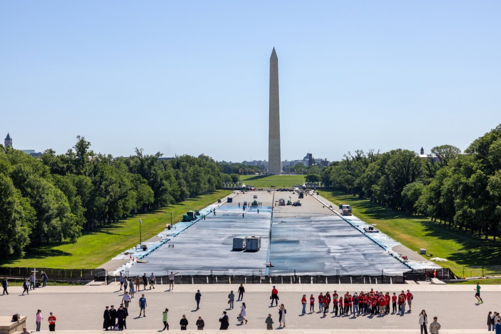 Washington Monument overlooking the National Mall Reflecting Pool during renovation work in Washington, D.C.