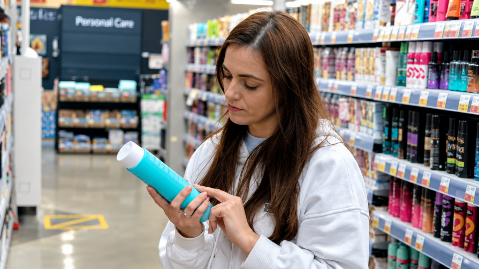 Woman reading the ingredient label on a bright blue shampoo bottle in a store aisle.