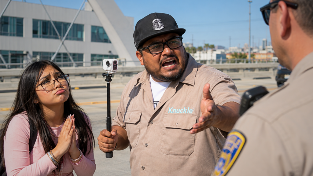 A man holding a selfie stick with a camera speaks animatedly to a police officer while a young woman beside him holds her hands together pleadingly.