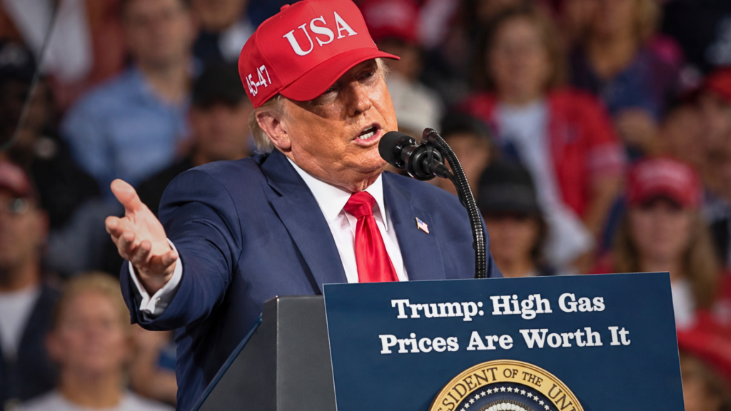 Donald Trump speaking at a podium wearing a red "USA" hat, with a sign reading "Trump: High Gas Prices Are Worth It" attached to the front.