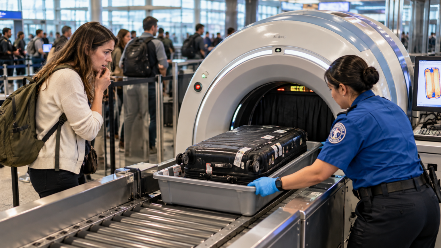 TSA agent wearing blue gloves guiding a luggage bin into a CT baggage scanner as a passenger watches.