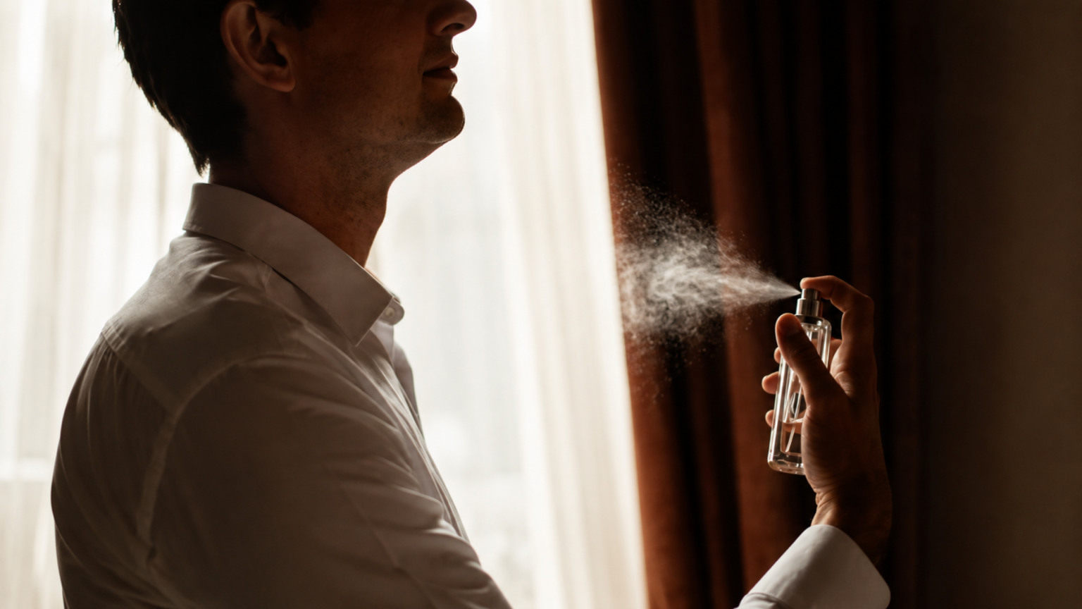Man in a white shirt spraying cologne onto his neck.