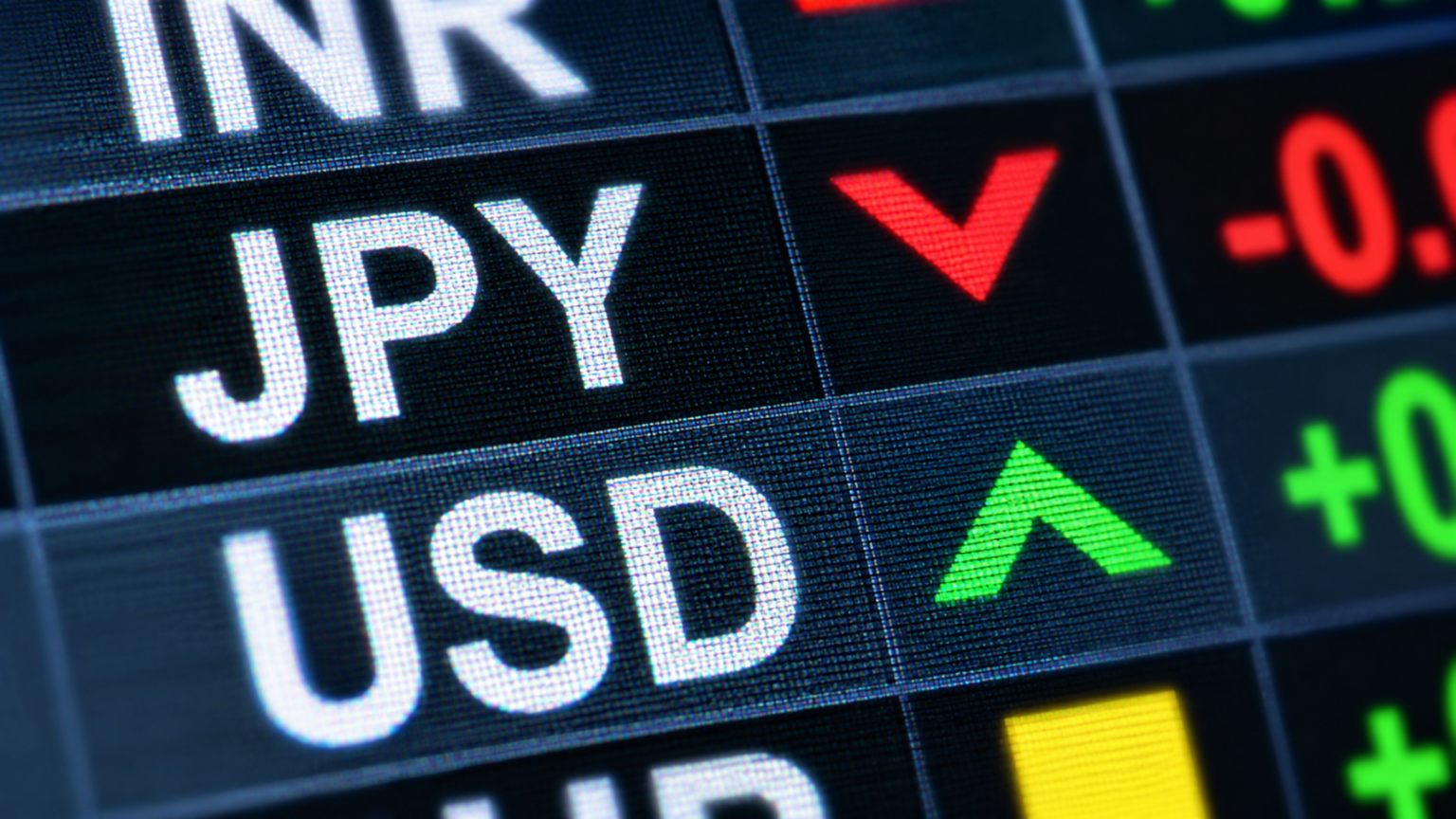 A digital financial display showing currency tickers, including Japanese Yen (JPY) trending down and US Dollar (USD) trending up.