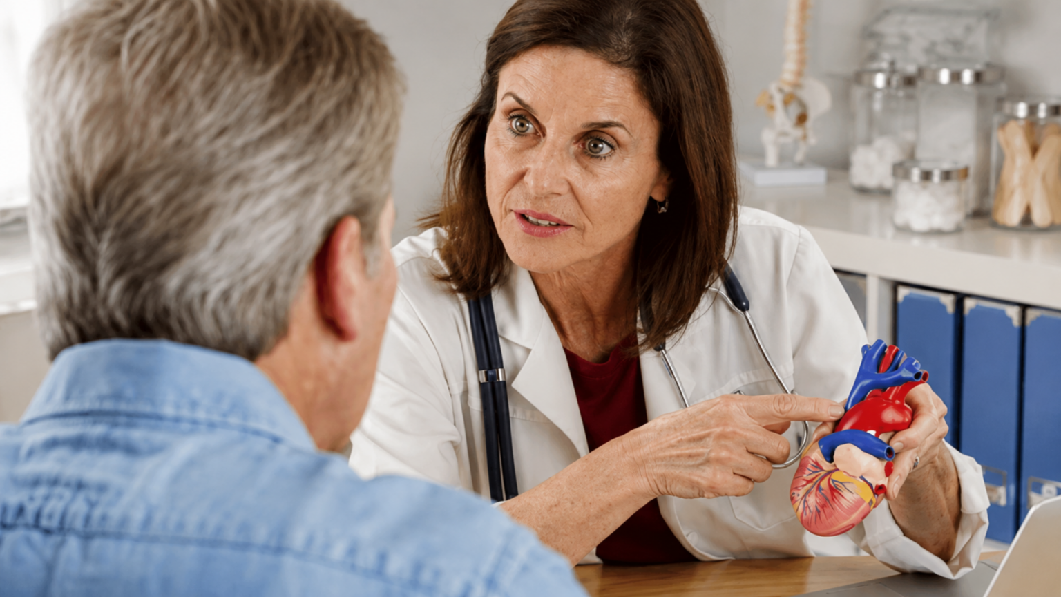 Female doctor holding an anatomical heart model while consulting with a patient.