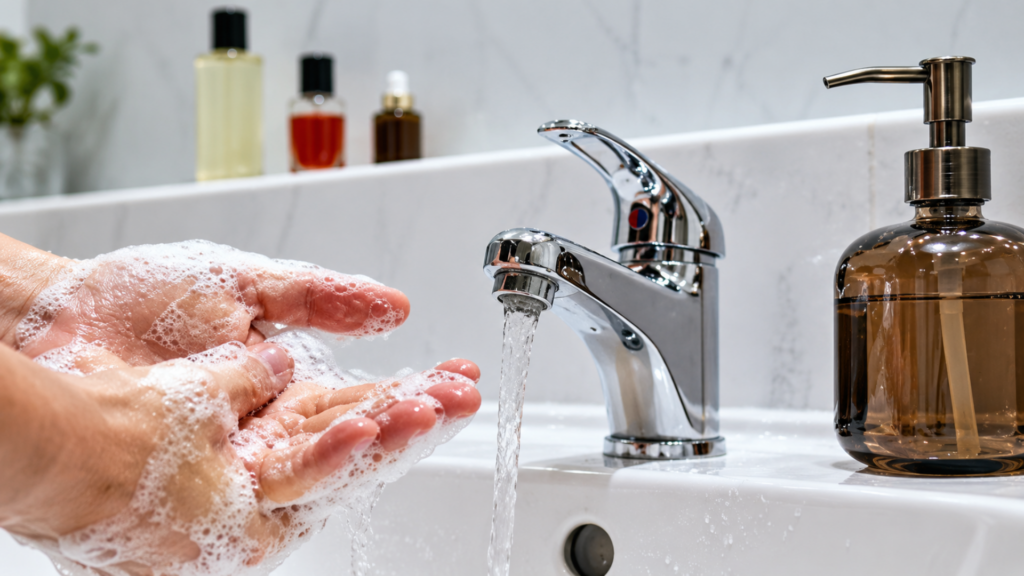 Soapy hands being washed under running water from a modern chrome sink faucet.