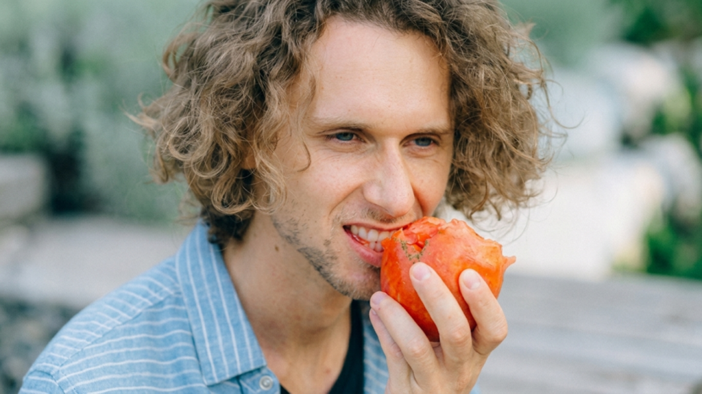 A man with curly hair enjoys a ripe tomato, taking a bite with a satisfied expression.