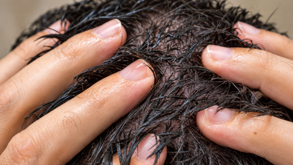 Close-up macro view of hands examining wet dark hair and scalp.