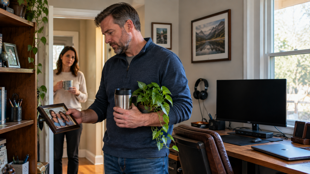 A man standing in a home office holding a framed photo, a travel mug, and a potted plant while a woman stands in the doorway holding a mug.