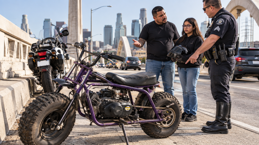 A police officer speaks to a man gesturing with his hands and a young woman holding a helmet on a bridge, near a small purple mini bike.