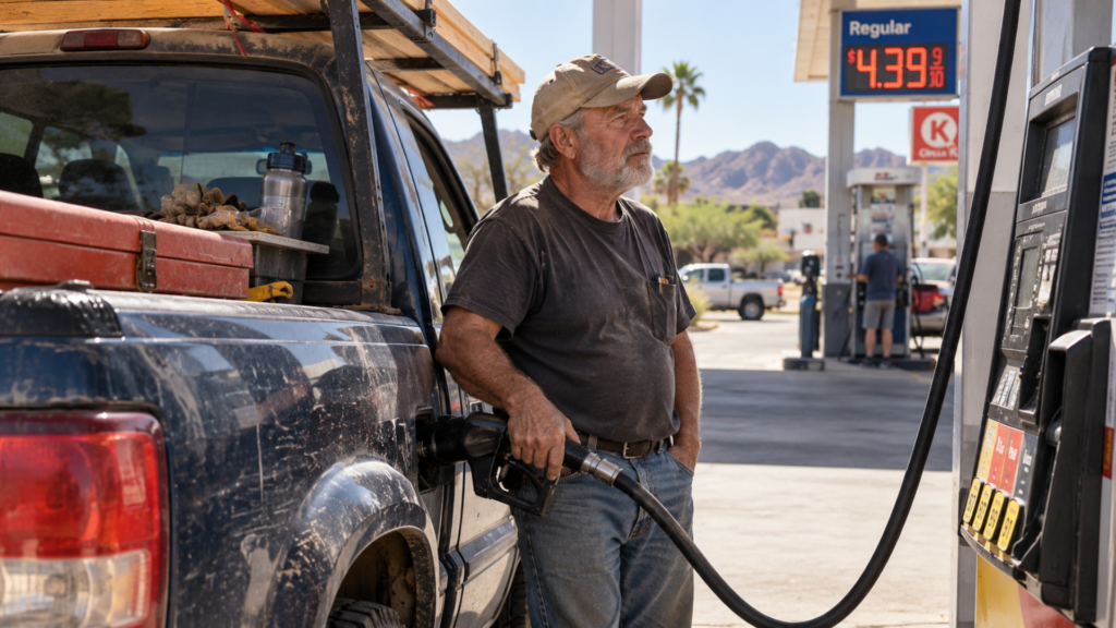 A man in a baseball cap and work clothes fueling a pickup truck at a gas station with a price sign visible in the background.