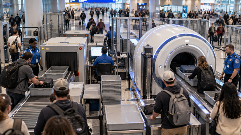 Overview of an airport security checkpoint with passengers and TSA agents processing carry-on luggage.