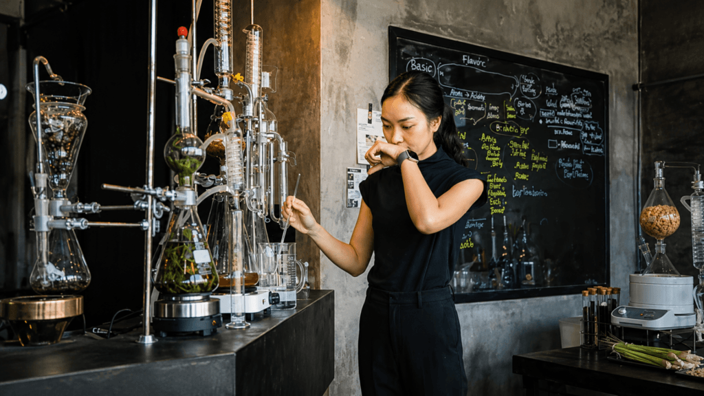 Woman sniffing her wrist while testing liquids in a fragrance laboratory setting.