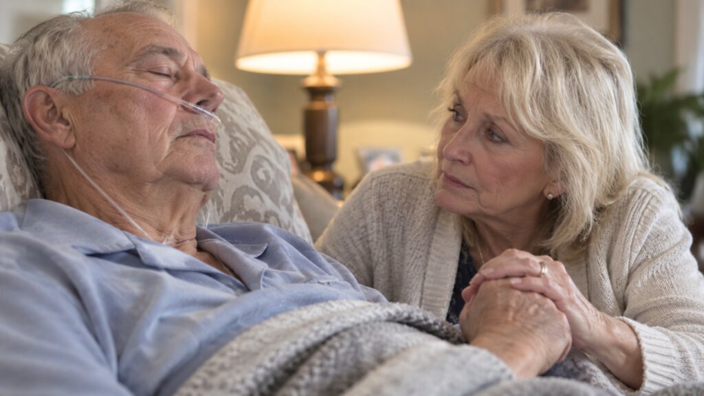 Older woman holds the hand of an older man resting in a recliner while wearing an oxygen cannula. She leans toward him with a concerned expression in a quiet home setting.