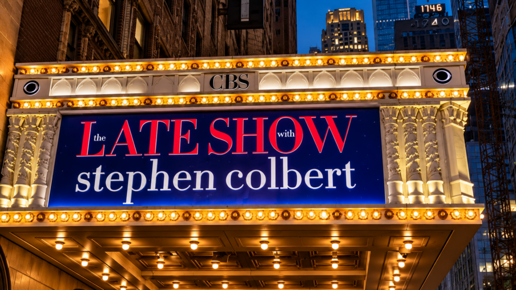 Illuminated marquee sign for "The Late Show with Stephen Colbert" on the CBS theater facade at night.