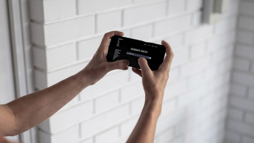A person holds a smartphone horizontally, displaying an AI photo-generation interface, against a white brick wall.