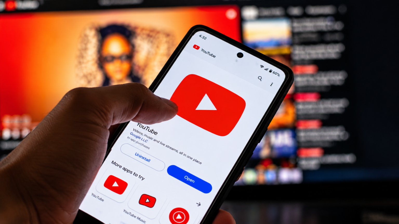 Hand holding a smartphone displaying the YouTube app page in front of a computer screen.